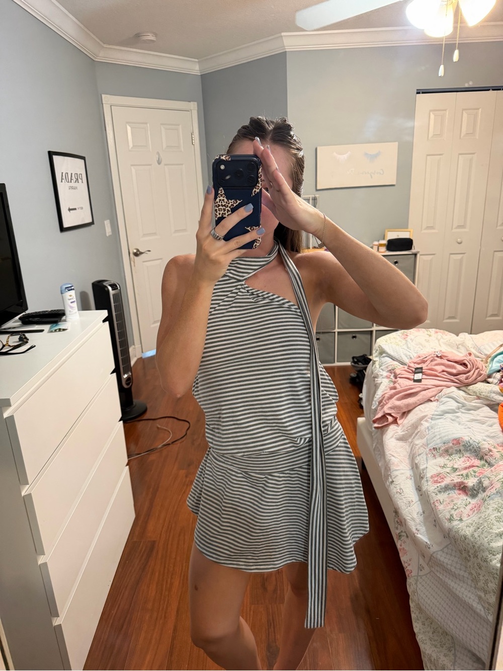SHEIN Gray & White Striped Halter Tie Mini Dress